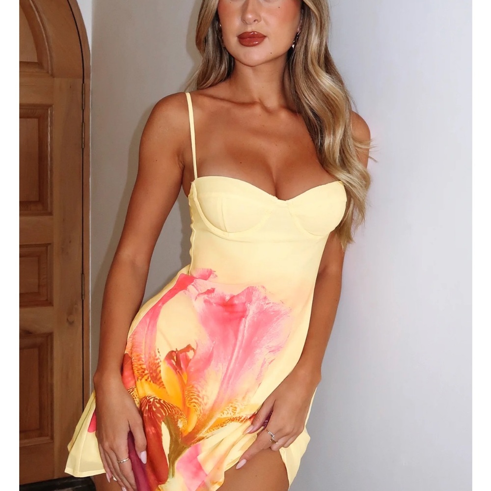 White Fox Boutique Yellow Pink Mini Dress with Floral Design